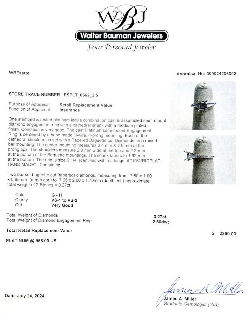 Estate Platinum 0.27ctw G - H/VS1 - 2 Diamond Eng. Ring Semi - Mount - Walter Bauman Jewelers