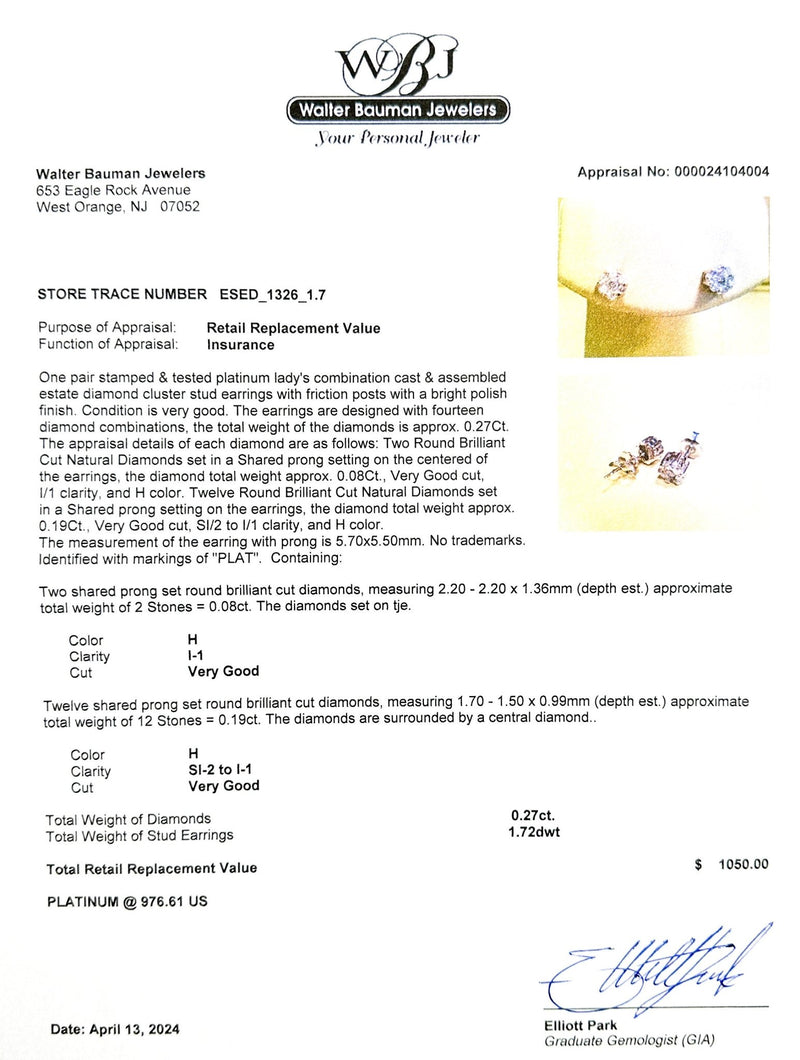 Estate Platinum 0.27ctw H/SI2-I1 Diamond Cluster Stud Earrings - Walter Bauman Jewelers