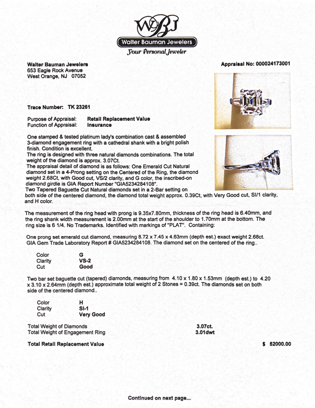 Estate Platinum 3.07ctw G - H/VS2 - SI1 Diamond Eng. Ring GIA - Walter Bauman Jewelers