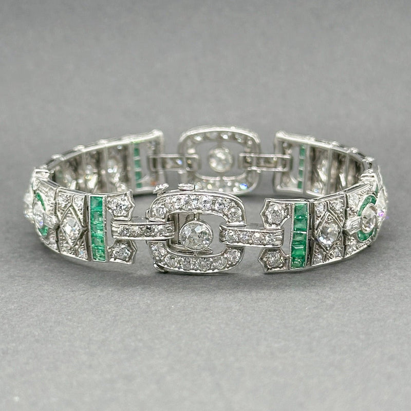 Estate Platinum Art Deco 8.96ctw G - J/VS1 - SI2 Diamond & 1.80ctw Emerald Bracelet - Walter Bauman Jewelers