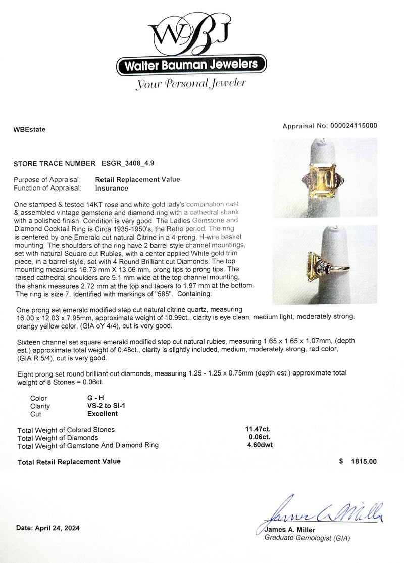 Estate Retro 14K TT Gold 11.47ctw Citrine & Ruby & 0.06ctw G-H/VS2-SI1 Diamond Ring - Walter Bauman Jewelers