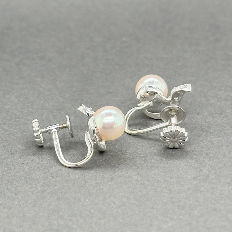 Estate Retro 14K W Gold Akoya Pearl & 0.03ctw G - H/VS2 - SI1 Diamond Screwback Earrings - Walter Bauman Jewelers