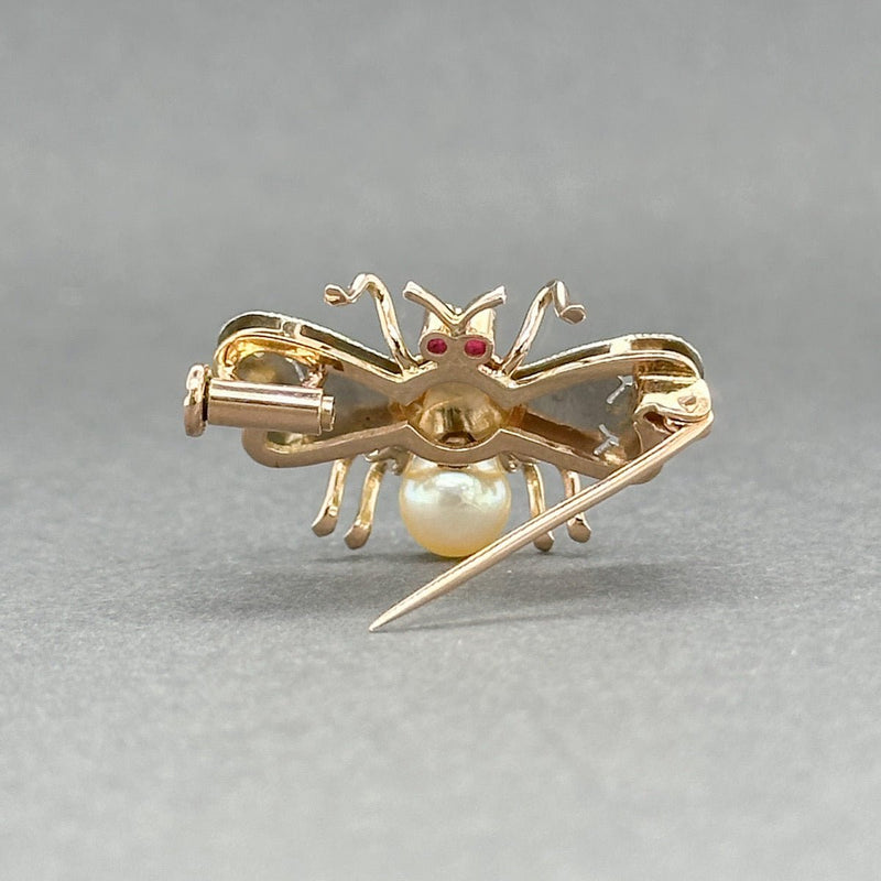 Estate Retro 17K TT Gold 0.04ctw Lab Ruby & 0.01ctw H - I/SI1 - 2 Diamond Bee Pin - Walter Bauman Jewelers