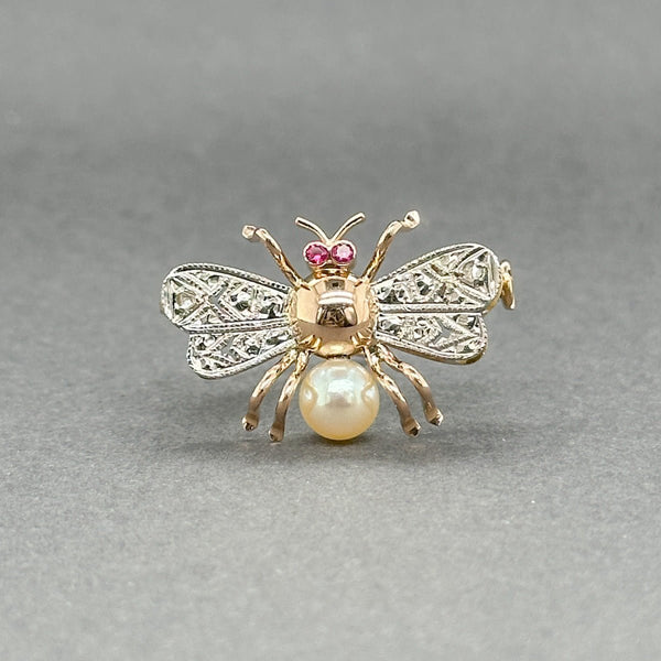 Estate Retro 17K TT Gold 0.04ctw Lab Ruby & 0.01ctw H - I/SI1 - 2 Diamond Bee Pin - Walter Bauman Jewelers