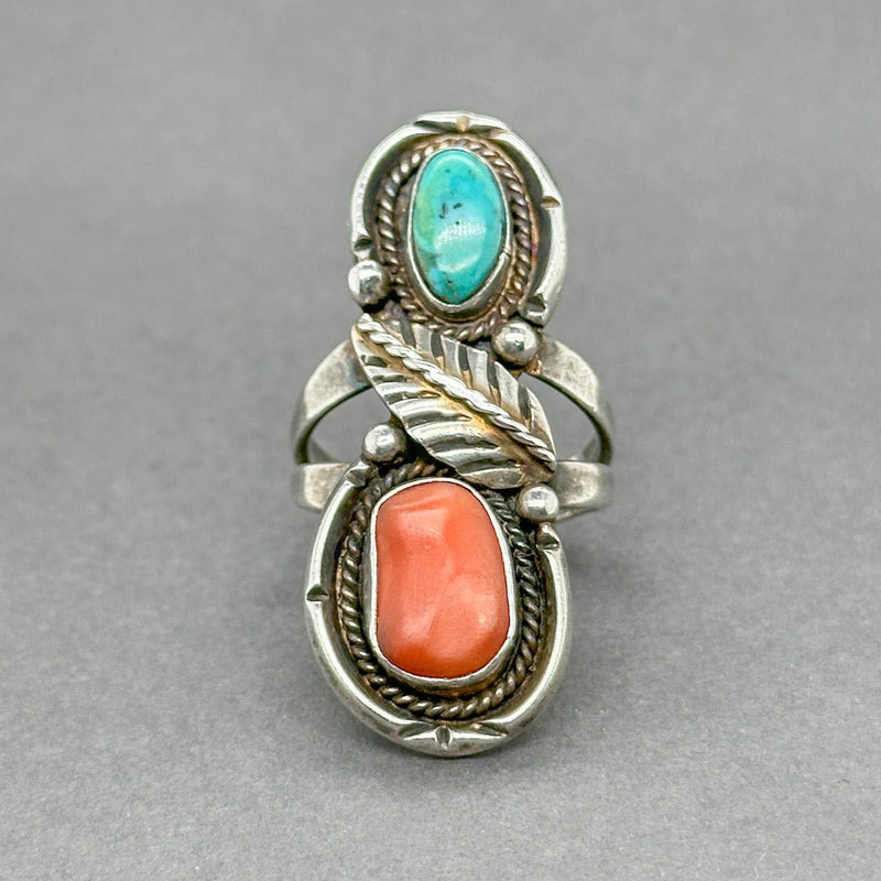 Estate SS Southwest Turquoise & Coral Ring - Walter Bauman Jewelers