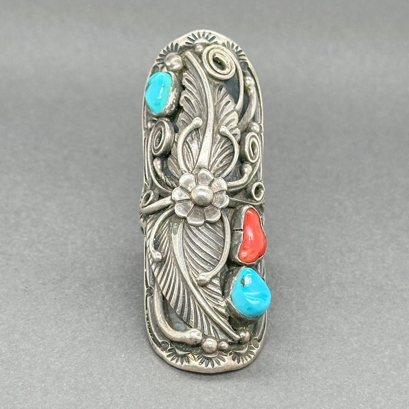 Estate SS Turquoise & Coral Full Finger Ring - Walter Bauman Jewelers