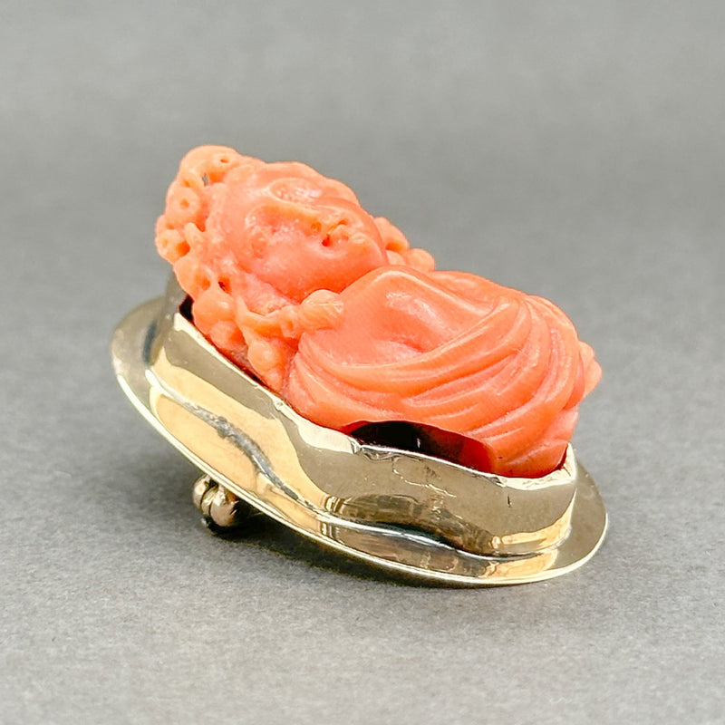 Estate Victorian 14K Y Gold 31.40ct Pink Coral Goddess Flora Brooch - Walter Bauman Jewelers