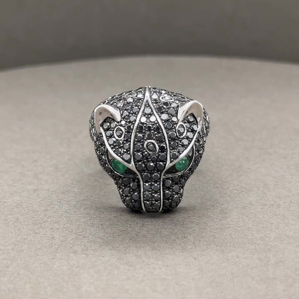 Estate Effy 14K W Gold 0.10ctw Emerald & 3.52ctw Fancy Black Diamond Panther Head Ring