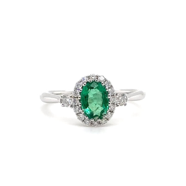 18K W Gold 0.75ct Emerald and 0.25ctw Diamonds H/SI1 Halo Diamond Ring