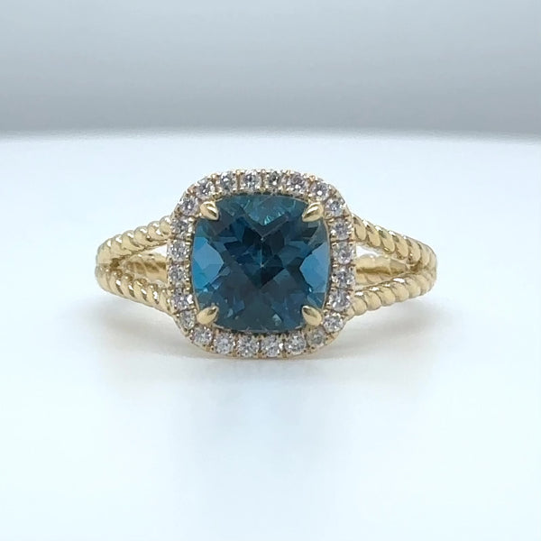 14K Y Gold 2.28ctw Blue Topaz and 0.20ctw Diamond Ring