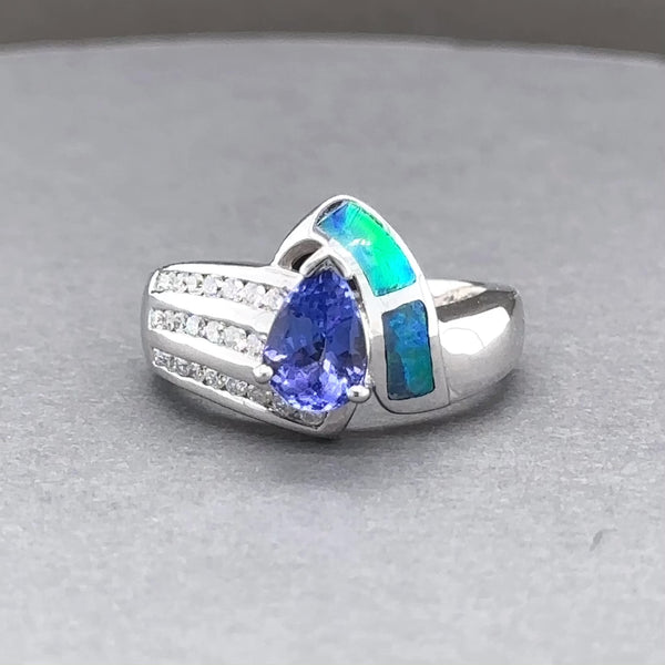 Estate 14K W Gold 1.36ctw Tanzanite & Opal & 0.28ctw G-H/SI1-2 Diamond Ring