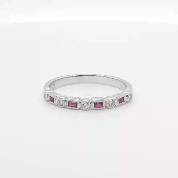 14K W Gold 0.12ctw Ruby 0.08ctw G/SI1 Milgrain Diamond Band