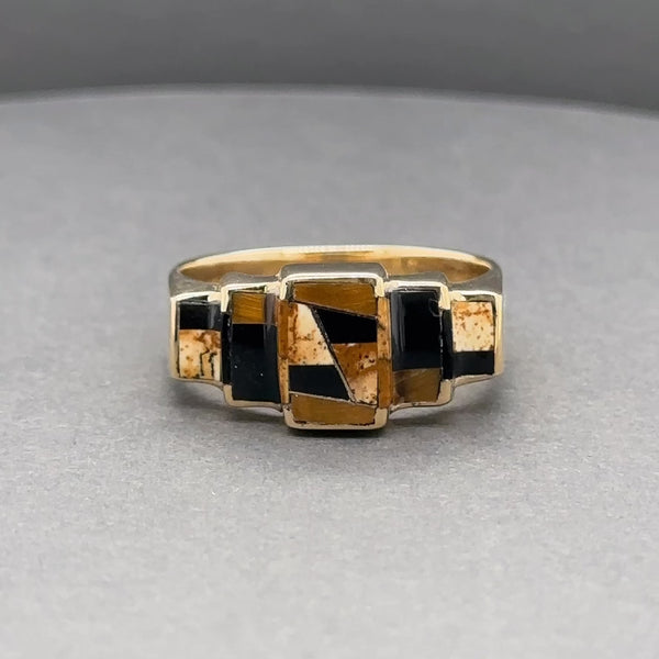 Estate GL Miller 14K Y Gold 0.54ctw Onyx & 0.06ctw Tigers Eye Inlay Ring