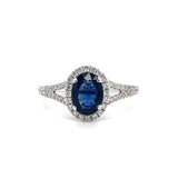18K W Gold 1.26ct Sapphire and 0.40ctw Diamonds H/SI1 Halo Diamond Ring