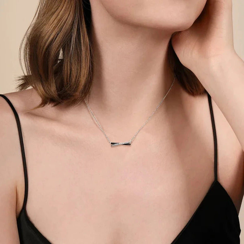 SS 0.18ctw White Sapphire and Black Enamel Criss Cross Bar Necklace - Walter Bauman Jewelers