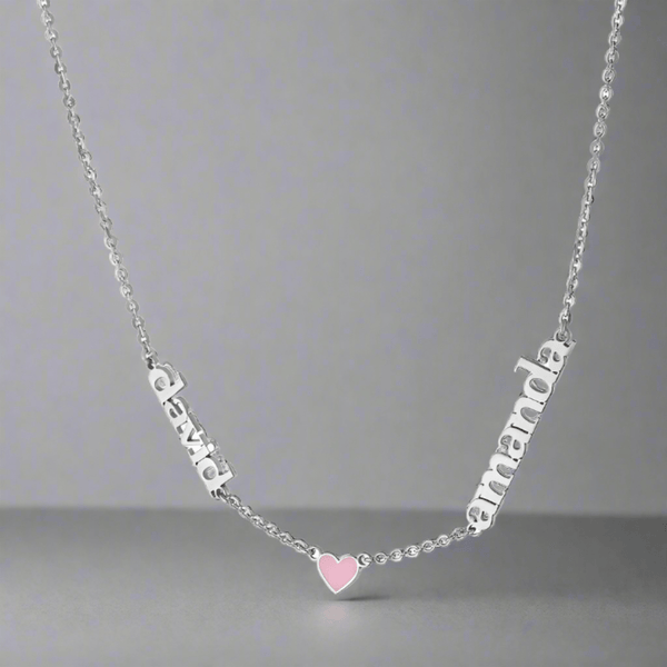 SS 18" Necklace w 2 Names and Enamel Heart - Walter Bauman Jewelers