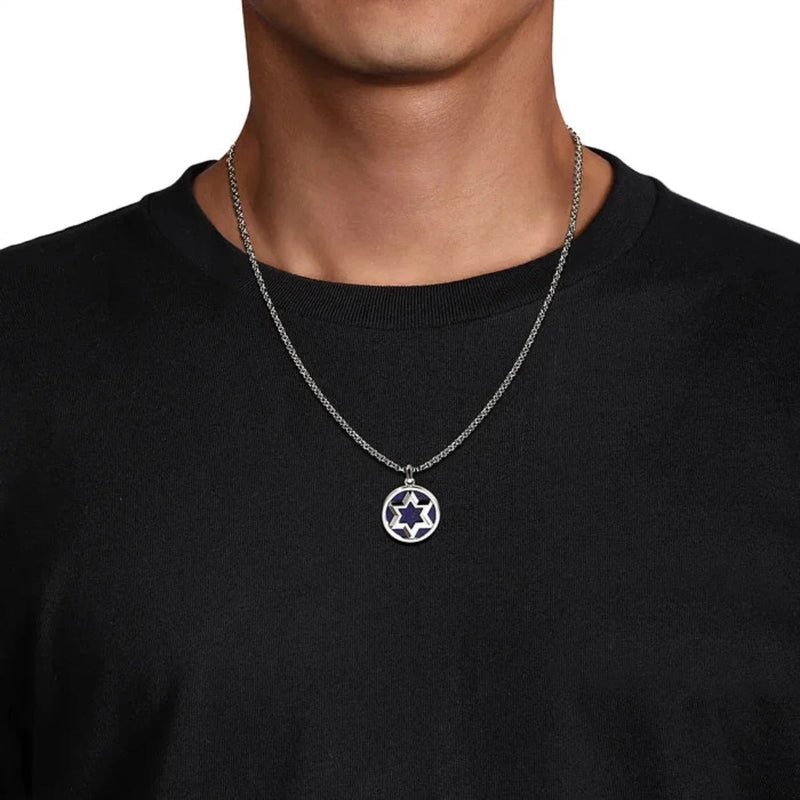 SS 22" Star Of David Round Lapis Pendant - Walter Bauman Jewelers