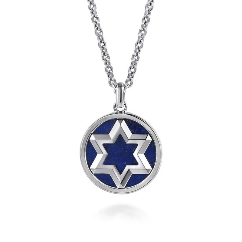 SS 22" Star Of David Round Lapis Pendant - Walter Bauman Jewelers