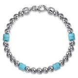 SS 8" 6mm bead and Turquoise Cylinder Beaded Bracelet - Walter Bauman Jewelers