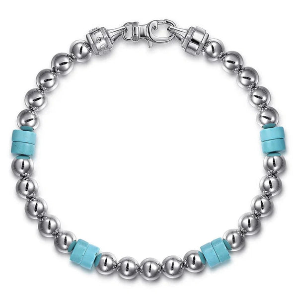 SS 8" 6mm bead and Turquoise Cylinder Beaded Bracelet - Walter Bauman Jewelers