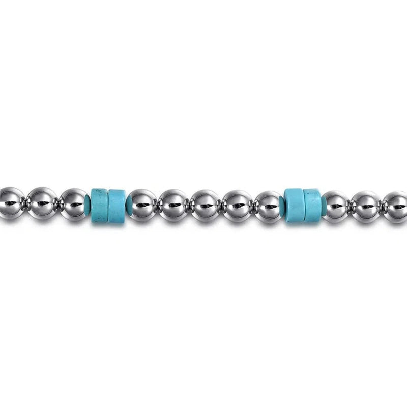 SS 8" 6mm bead and Turquoise Cylinder Beaded Bracelet - Walter Bauman Jewelers