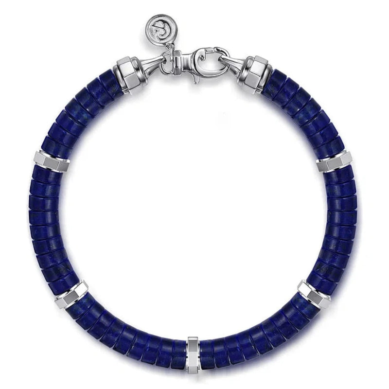 SS 8" 6mm Lapis Cylinder Beaded Bracelet - Walter Bauman Jewelers