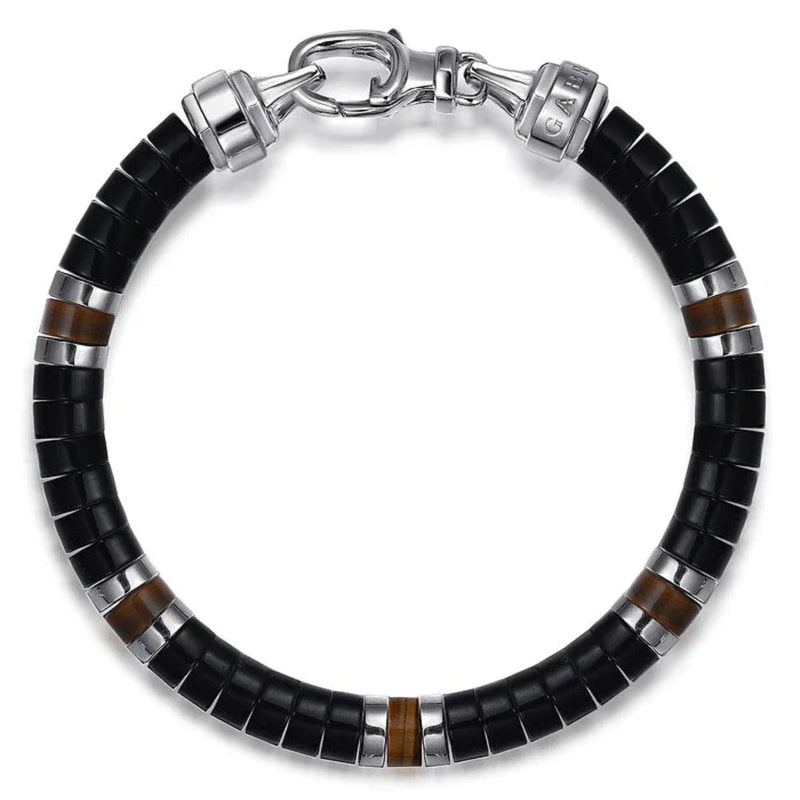 SS 8" 6mm Onyx and Tiger Eye Cylinder Beaded Bracelet - Walter Bauman Jewelers