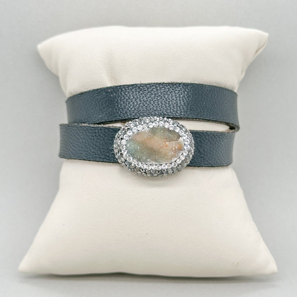 SS Black Leather & Druzy Wrap Bracelet - Walter Bauman Jewelers