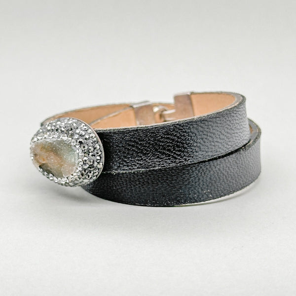 SS Black Leather & Druzy Wrap Bracelet - Walter Bauman Jewelers