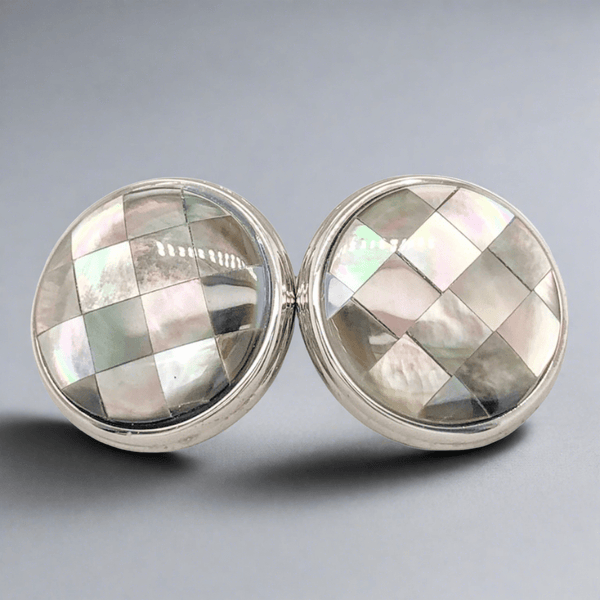 SS Checkered Bezel Set Mother of Pearl Cufflinks - Walter Bauman Jewelers