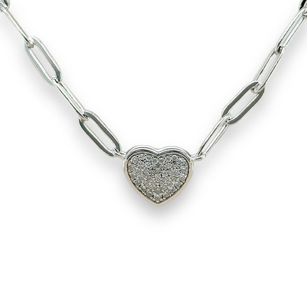 SS CZ Heart Paperclip Necklace - Walter Bauman Jewelers