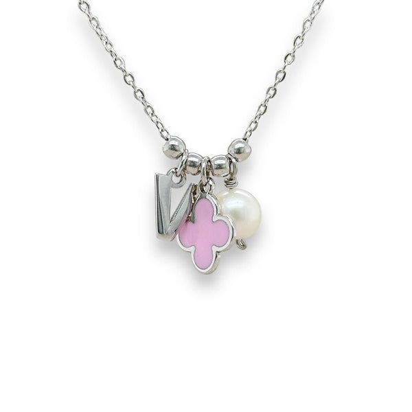 SS Pink Enamel Clover Initial Necklace with Pearl - Walter Bauman Jewelers