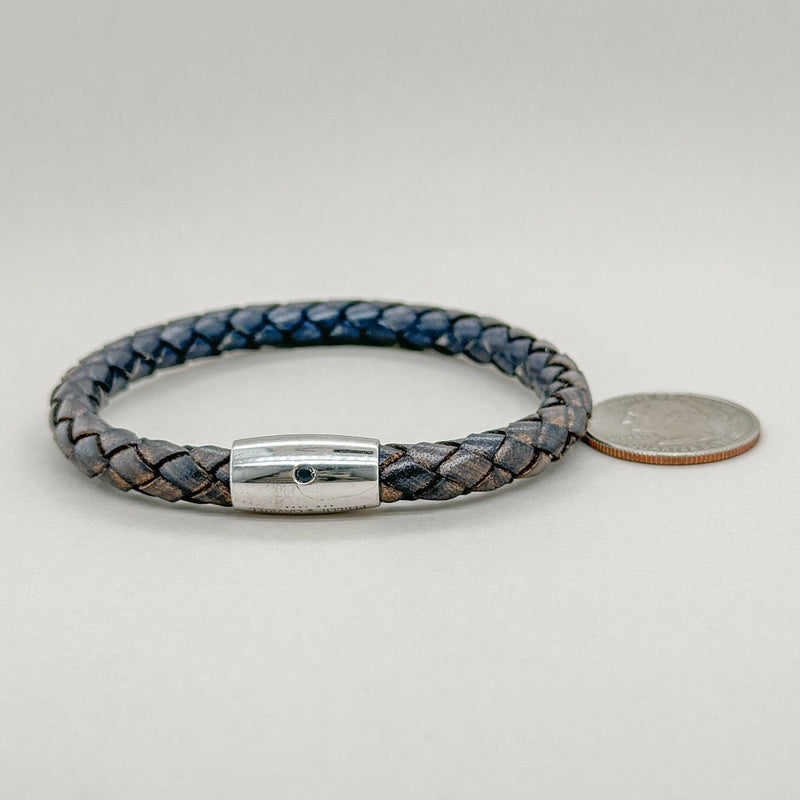 SS Rhod 8" Leather Weave Bracelet - Walter Bauman Jewelers