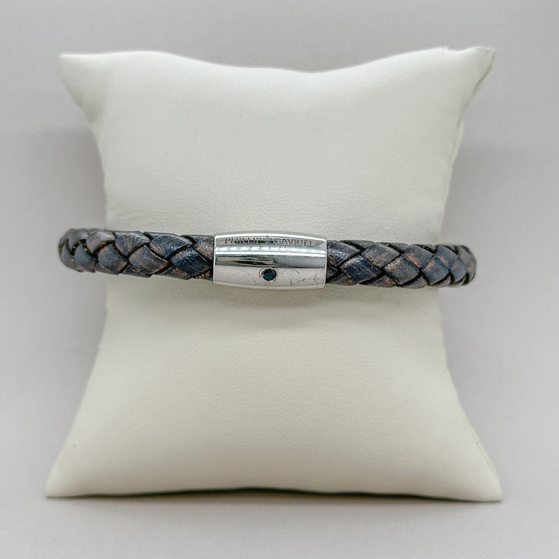 SS Rhod 8" Leather Weave Bracelet - Walter Bauman Jewelers