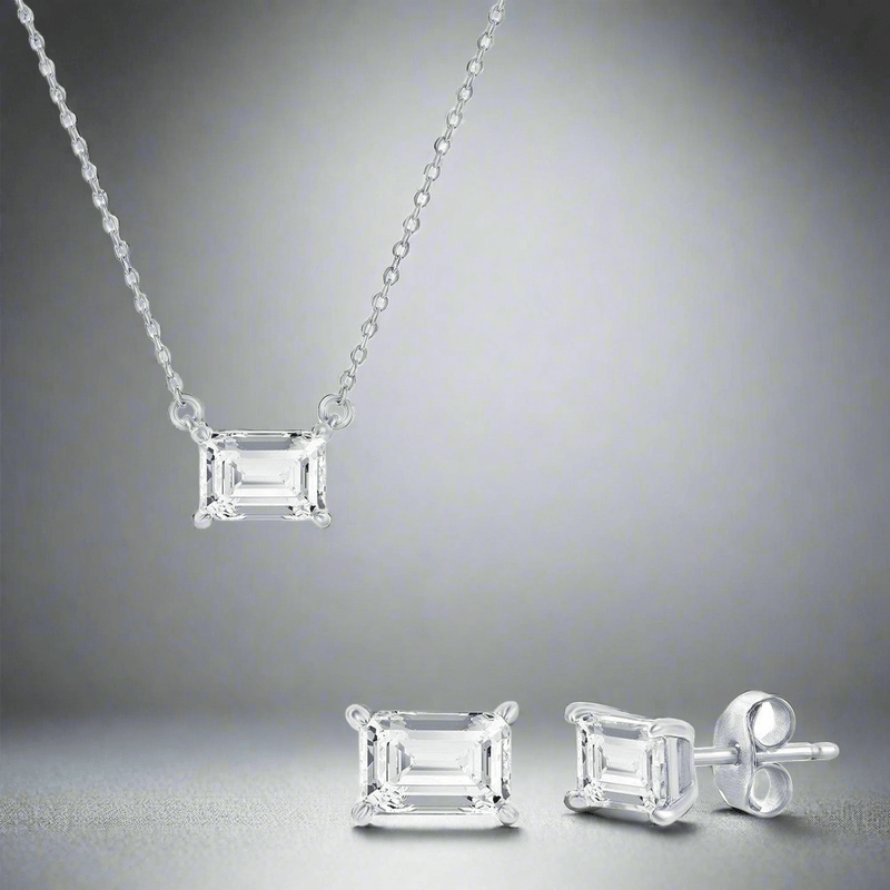 SS Solitaire 5x7mm Rectangle CZ, Necklace & Earrings Set - Walter Bauman Jewelers