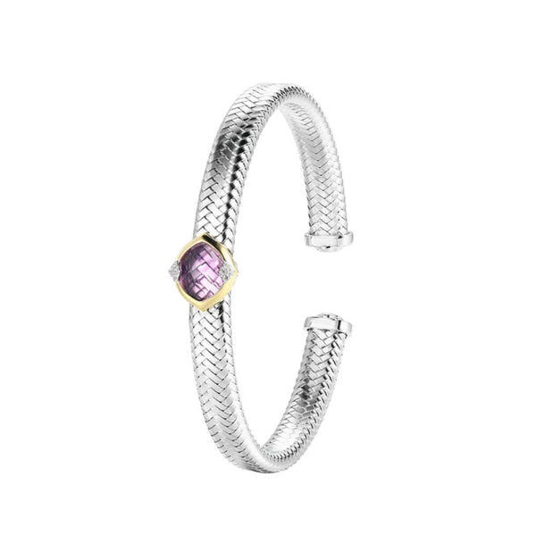 SS Two - Tone Amethyst and CZ Open Mesh Cuff Bangle Bracelet - Walter Bauman Jewelers