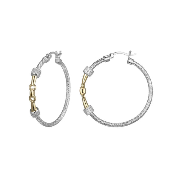 SS Two - Tone CZ 35mm Mesh Link Hoop Earrings - Walter Bauman Jewelers