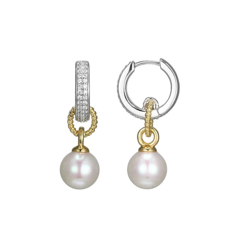 SS Two - Tone CZ and Pearl Drop Hoop Earrings - Walter Bauman Jewelers