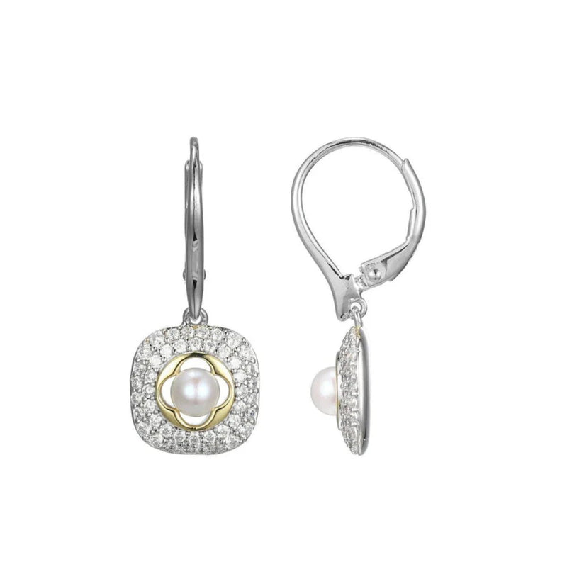 SS Two - Tone CZ and Pearl Square Drop Earrings - Walter Bauman Jewelers