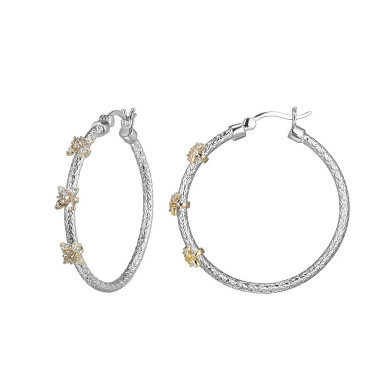 SS Two - Tone CZ Flower Station Hoop Earrings - Walter Bauman Jewelers