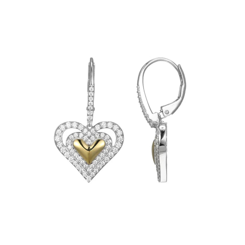 SS Two - Tone CZ Heart Drop Earrings - Walter Bauman Jewelers