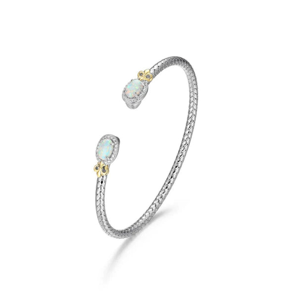 SS Two - Tone CZ Lab Created Opal 3mm Cuff Bangle - Walter Bauman Jewelers