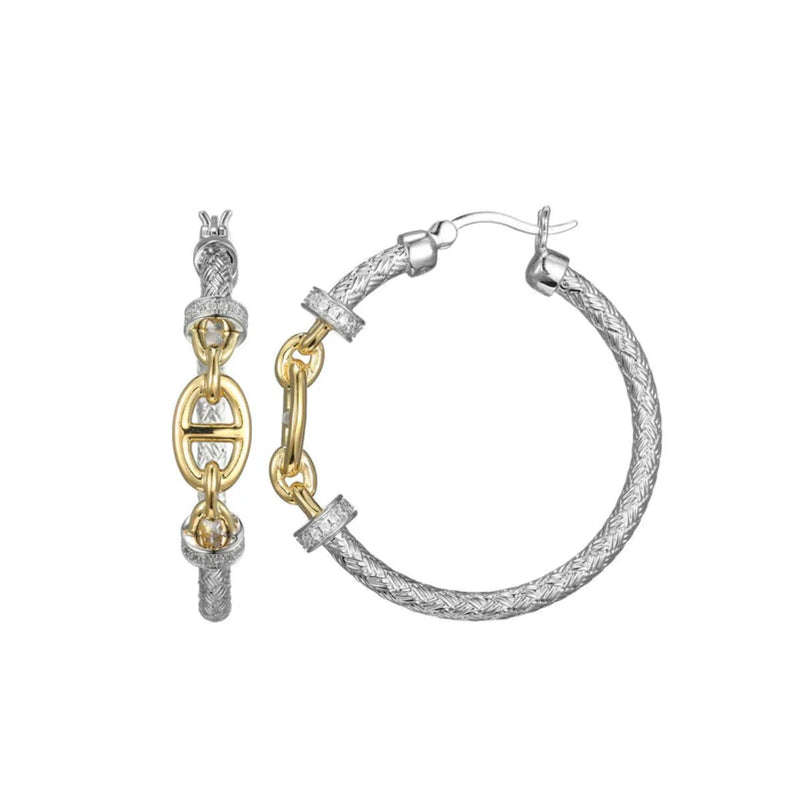 SS Two - Tone CZ Mesh and Mariner Link Hoop Earrings - Walter Bauman Jewelers