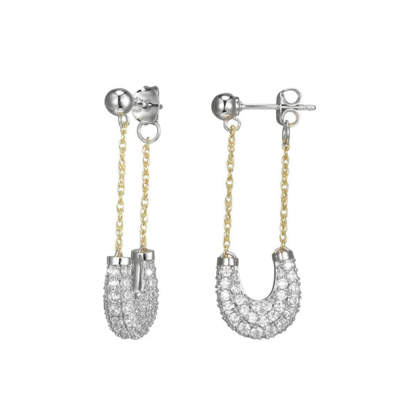 SS Two - Tone CZ Safety Pin Style Earrings - Walter Bauman Jewelers