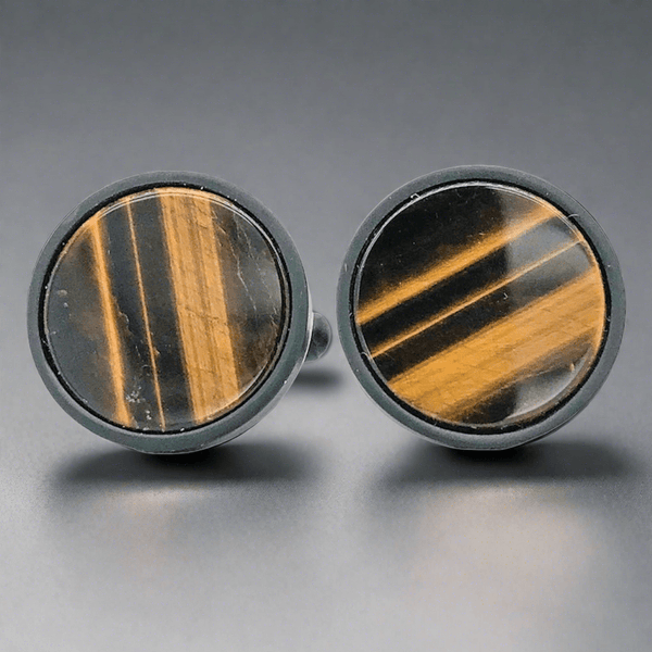 STST 16mm Black IP Striped Round Tiger’s Eye Cufflinks - Walter Bauman Jewelers