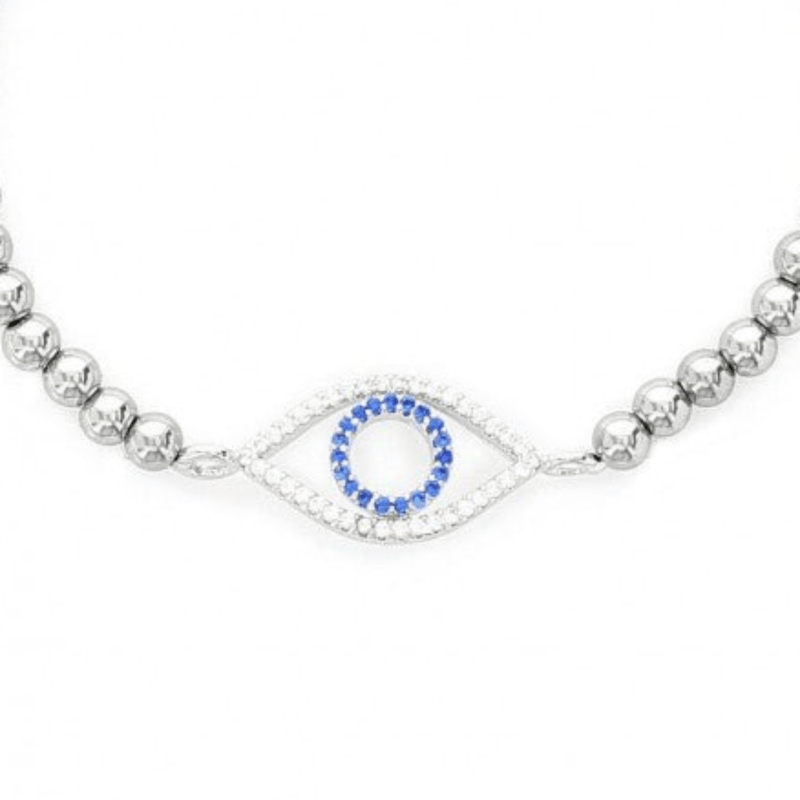 STST Evil Eye Stretch 4mm Beaded Bracelet with CZ Clasp - Walter Bauman Jewelers