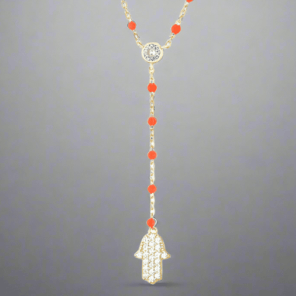 YGP Sterling CZ Orange Enamel Hamsa Y-Necklace - Walter Bauman Jewelers