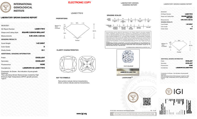 1.42ct D/VS1 Cushion Lab Created Diamond IGI#LG490177610 - Walter Bauman Jewelers