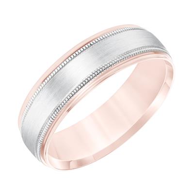 14K TT Rose Gold White Gold Low Dome Round Edge Carved Wedding Band - Walter Bauman Jewelers