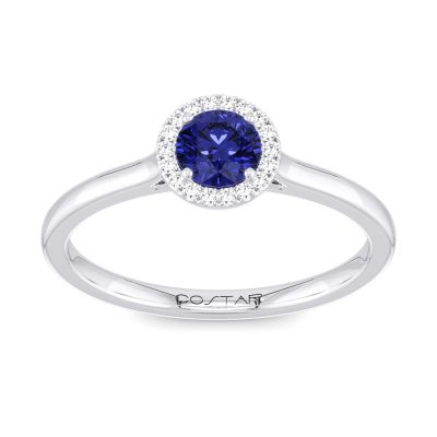 14K W Gold 0.05cttw Diamond 0.30cttw Blue Sapphire Halo Ring - Walter Bauman Jewelers